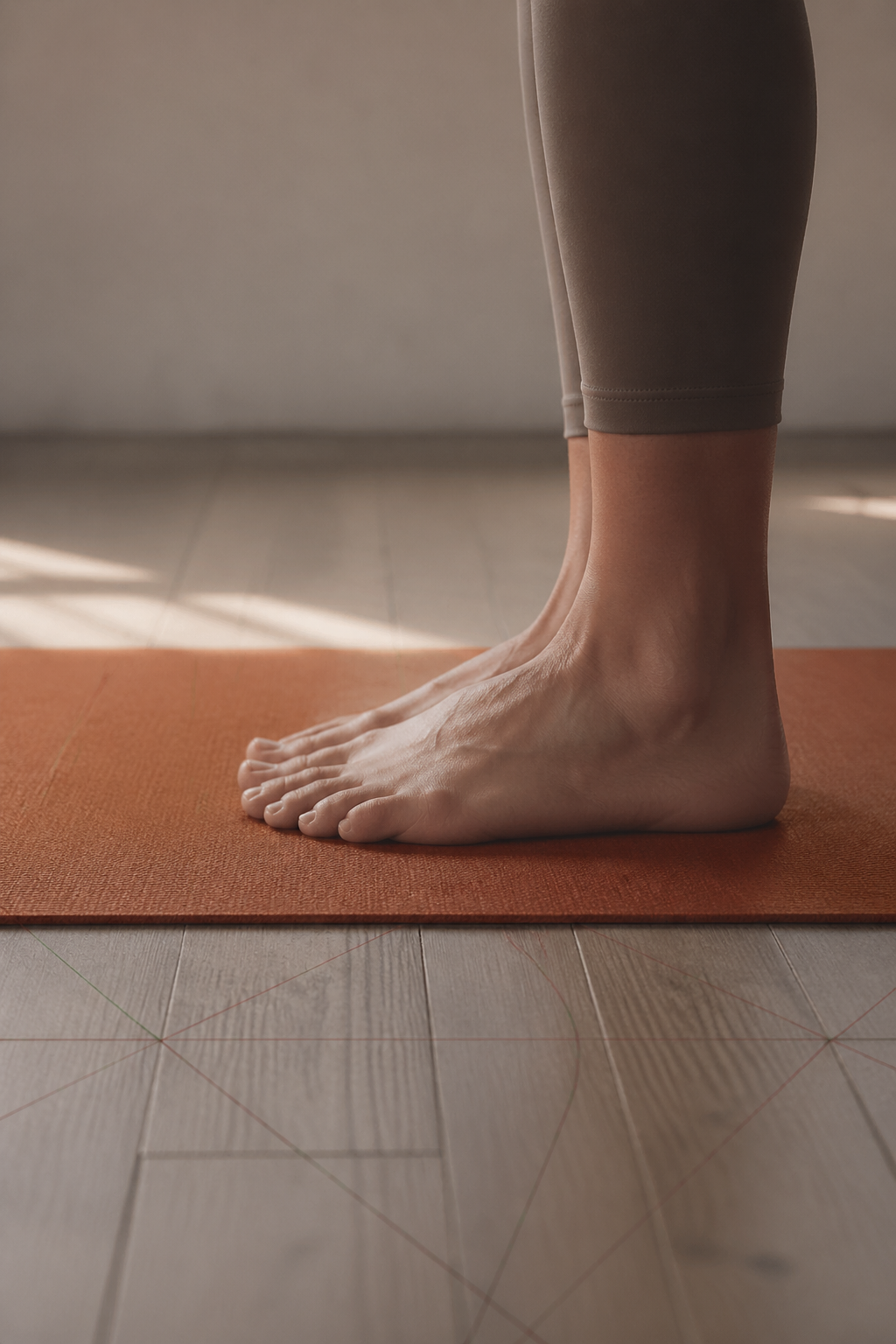 Alignment overlay with red and green guides on a Warrior II pose